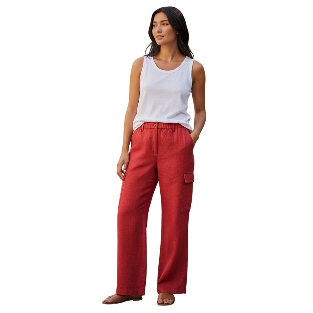 Eileen Fisher Organic Linen Cargo Cherry Red Wide Leg Pants Size PS 6-8 Petite